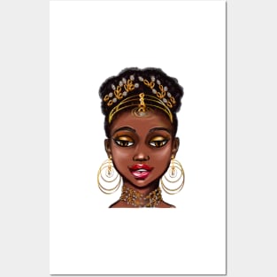 Queen Black is beautiful vi anime manga black woman with gold tiara earrings and necklace Posters and Art